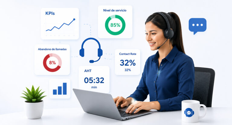 KPIs para Call Center con indicadores de rendimiento, nivel de servicio, AHT y Contact Rate